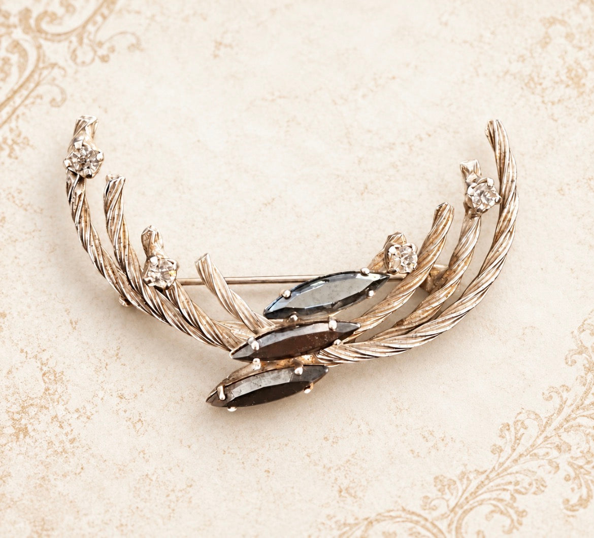 Vintage Silver-Tone Smoky Crystal Crescent Spray Brooch