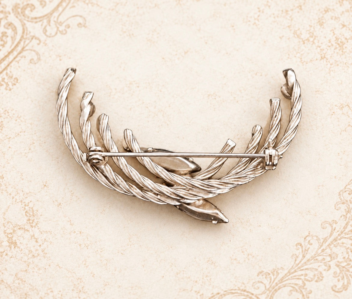 Vintage Silver-Tone Smoky Crystal Crescent Spray Brooch, back view
